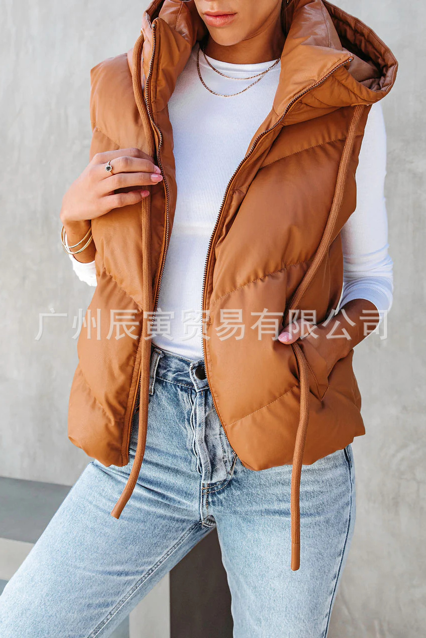 Padded Vest Gilet - Damska jednokolorowa kamizelka z kapturem, ocieplana,