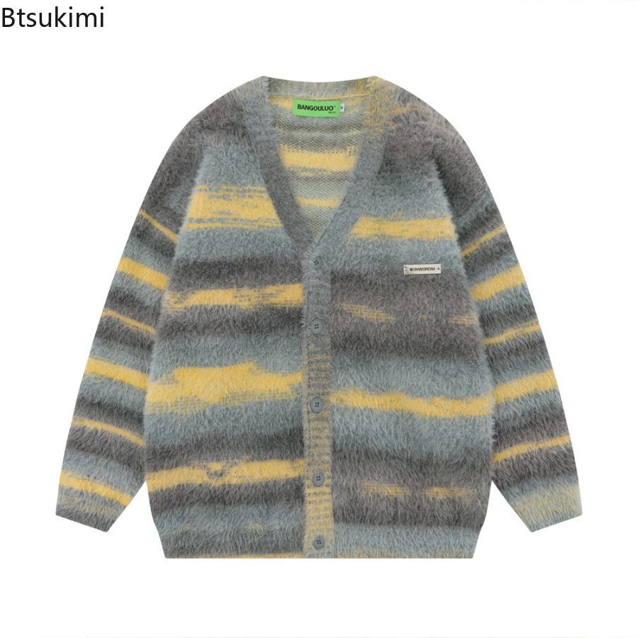 Yellow Winter Clothing - Męski żółty kardigan w paski, gruby,