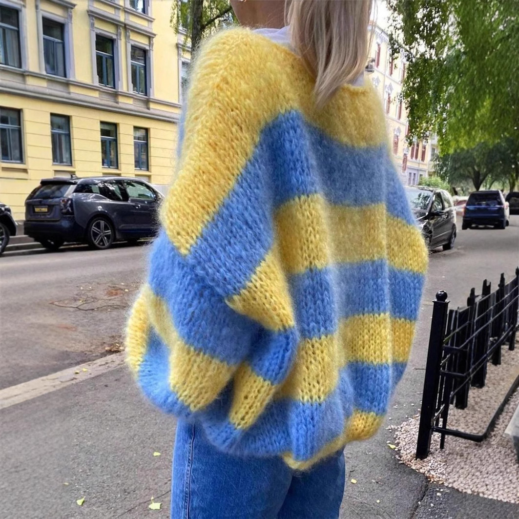 Yellow Winter Clothing - Sweter damski z niebiesko-żółtymi paskami, luźny,