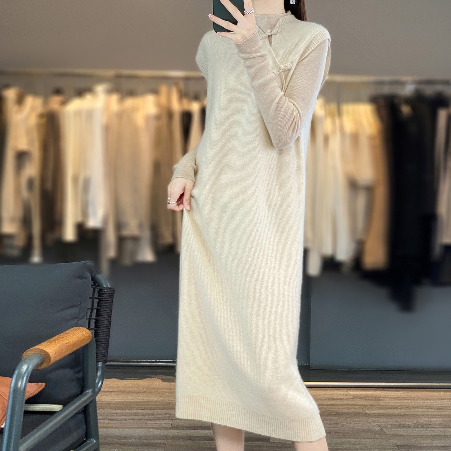 Winter Clothing Layers - 100% Czysta Wełna Damska Jesienno-Zimowa Sukienka